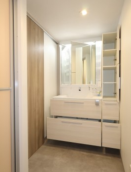 洗面化粧台の三面鏡・引き出し・トールキャビネットを開いた状態